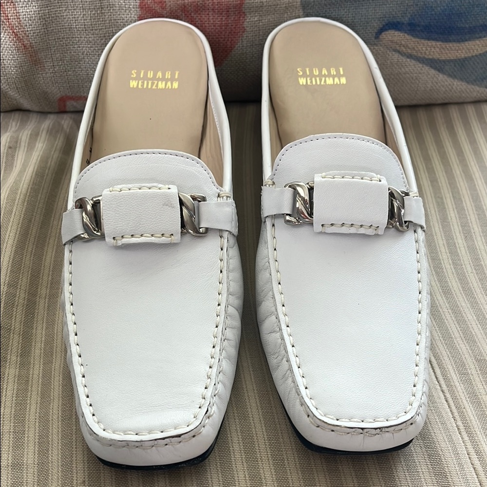 Stuart Weitzman White Leather Slip-On Mules